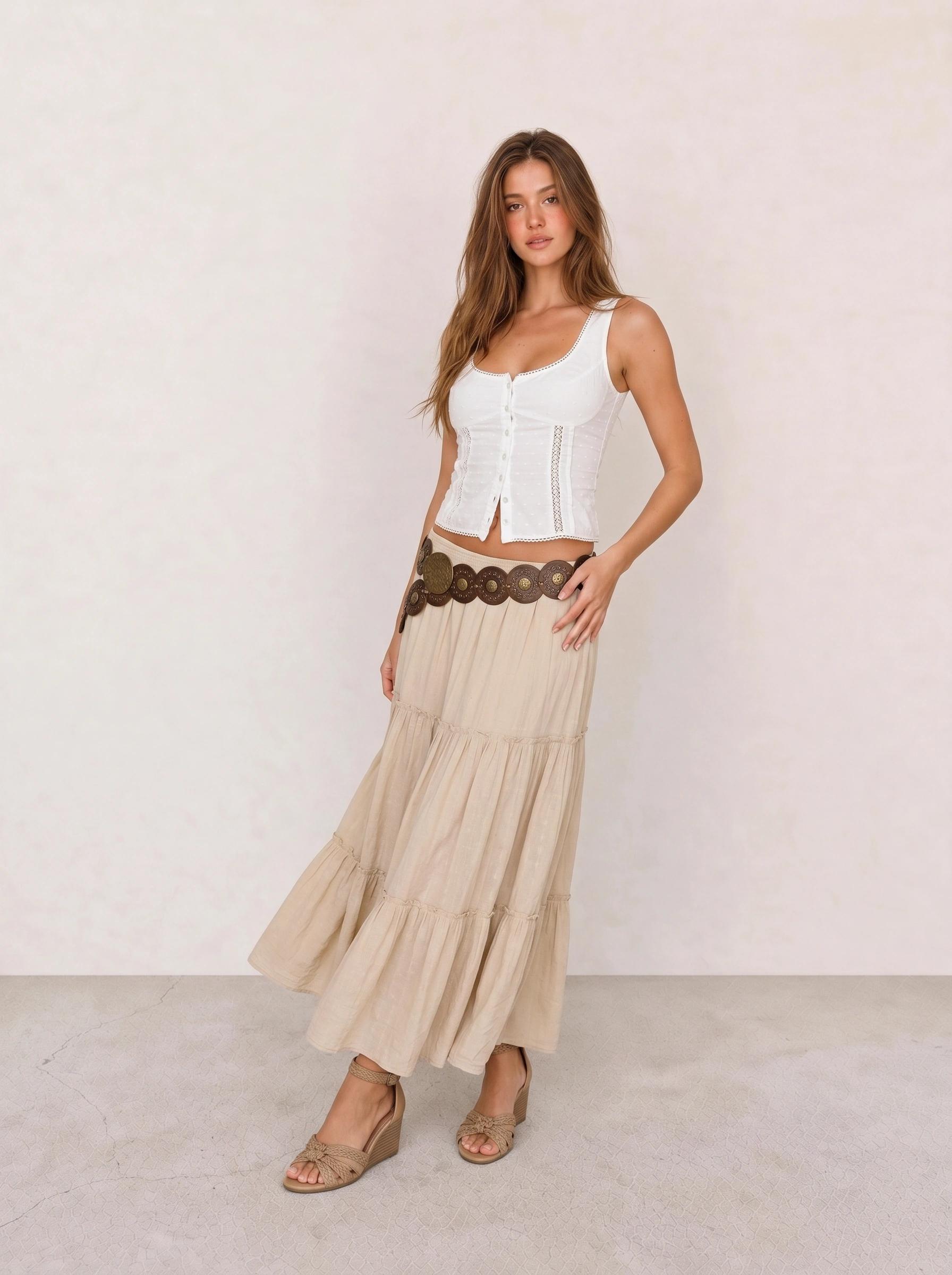 Eyelet Corset Top & Tiered Linen Maxi Skirt