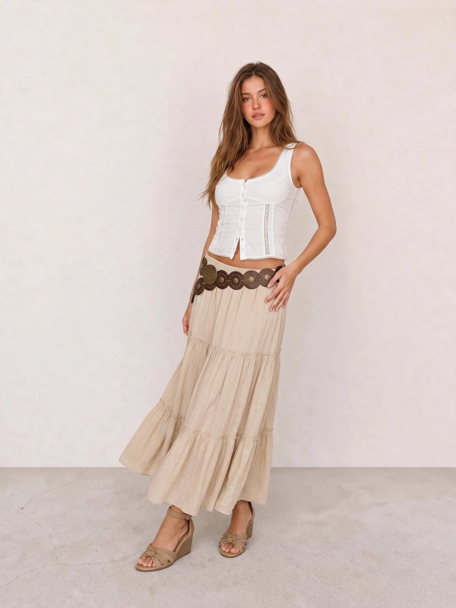 Boho outfit with a white eyelet corset top, sand tiered maxi skirt, concho disc belt, and woven wedges
