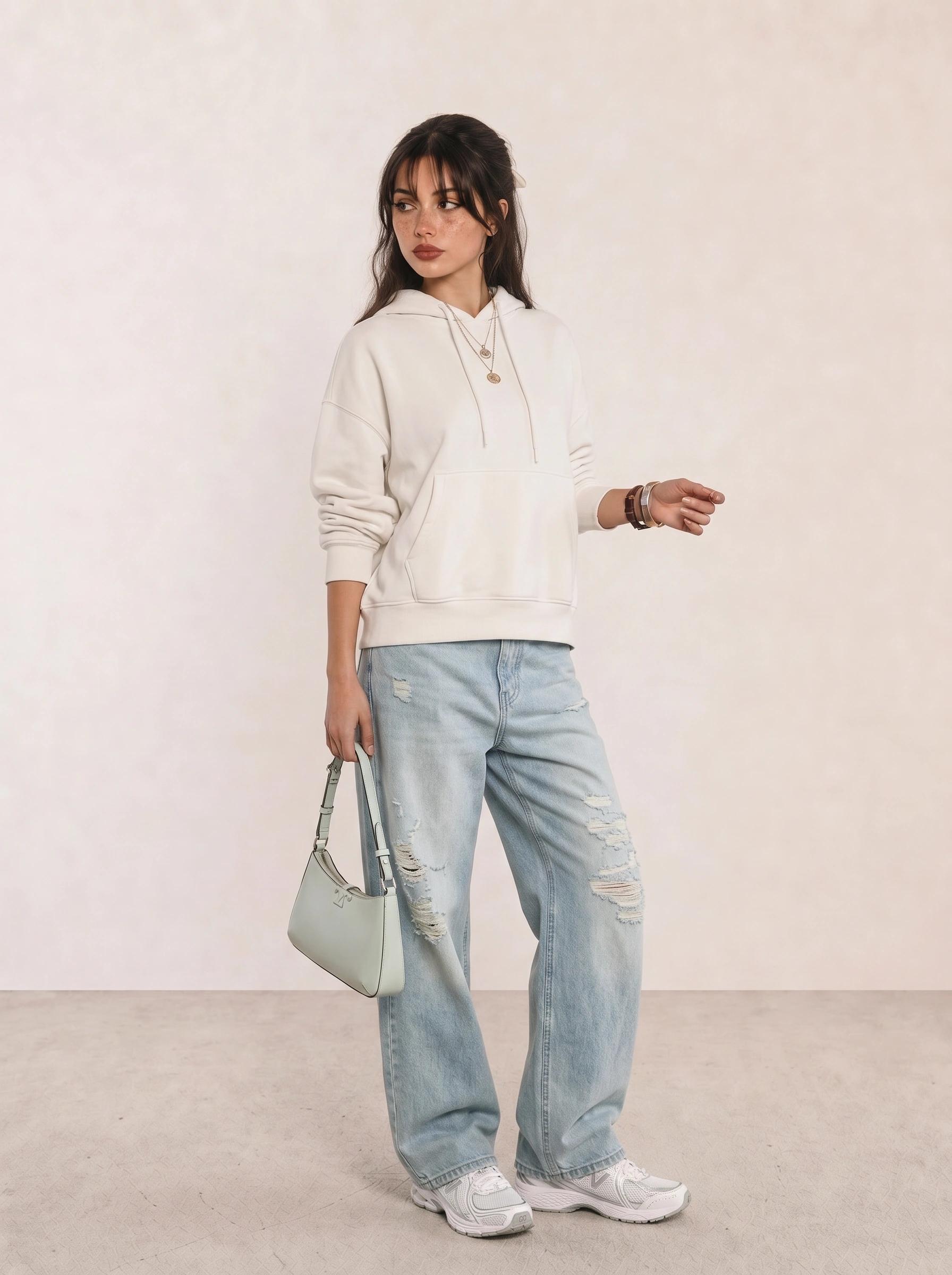 White Oversized Hoodie & Ripped Wide-Leg Jeans