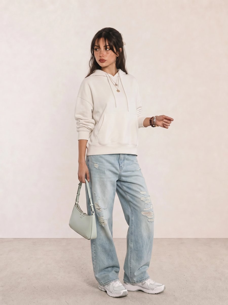 Weißer Oversize-Hoodie mit heller Ripped Wide-Leg-Jeans und mintgrüner Tasche