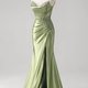 Sage Satin Corset Gown with Thigh Slit