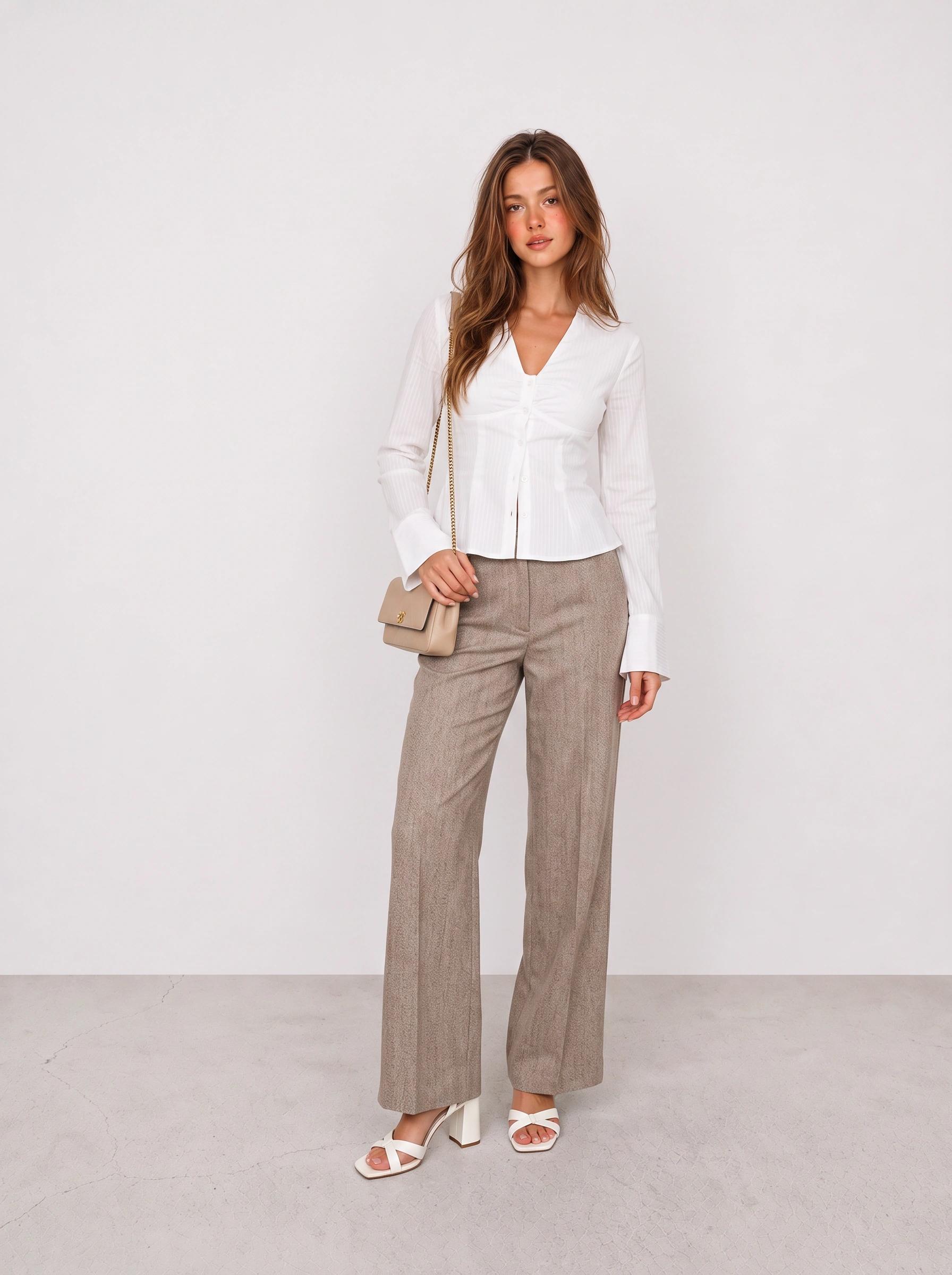 White Blouse and Taupe Pinstripe Trousers Office Outfit