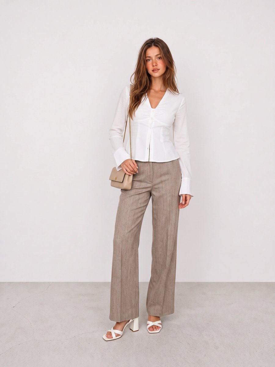 Woman wearing a white blouse, taupe pinstripe trousers, white sandals, and a beige shoulder bag