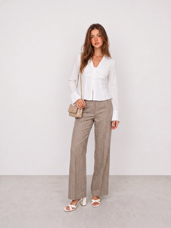 White Blouse and Taupe Pinstripe Trousers Office Outfit