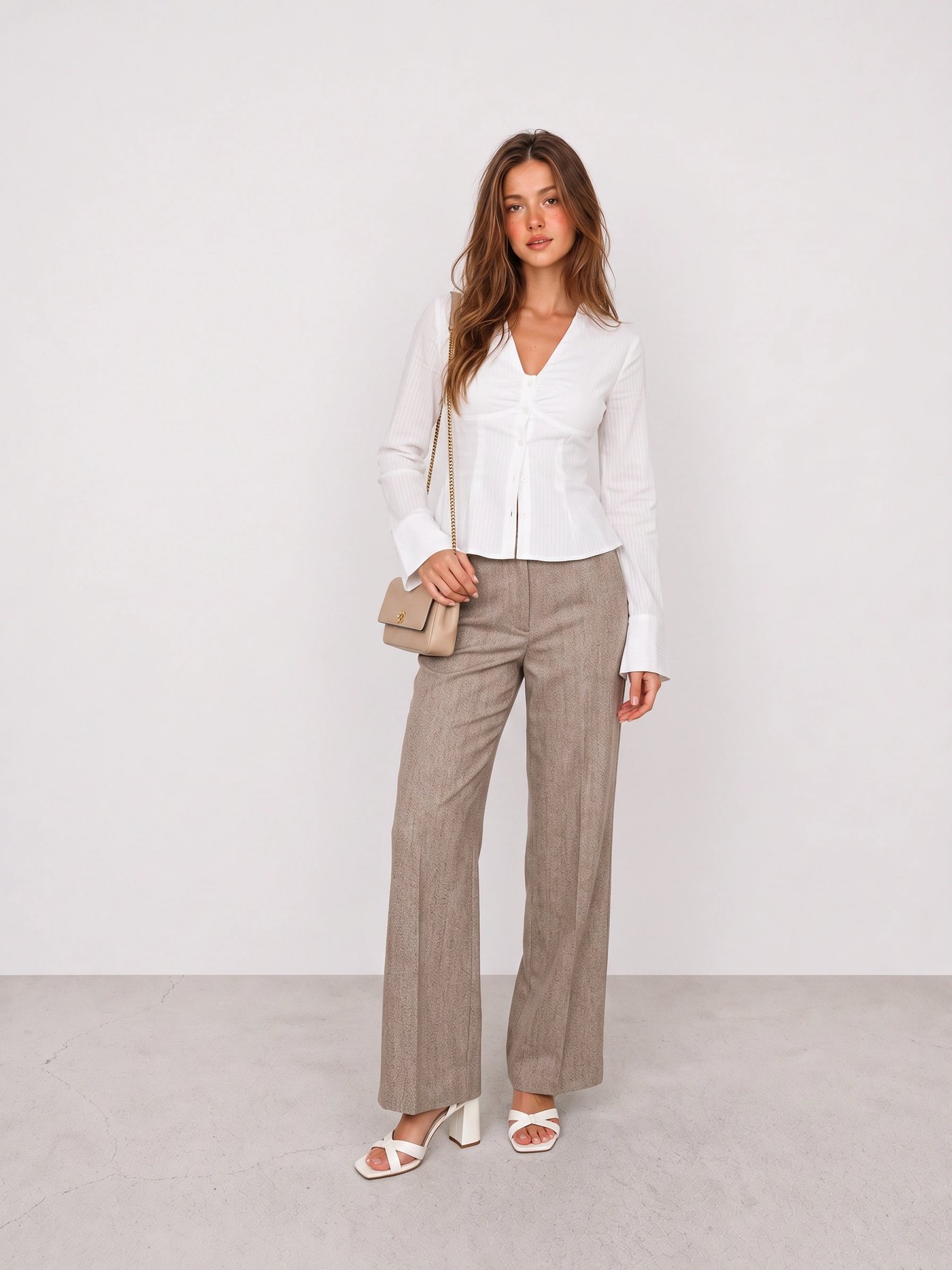White Blouse and Taupe Pinstripe Trousers Office Outfit