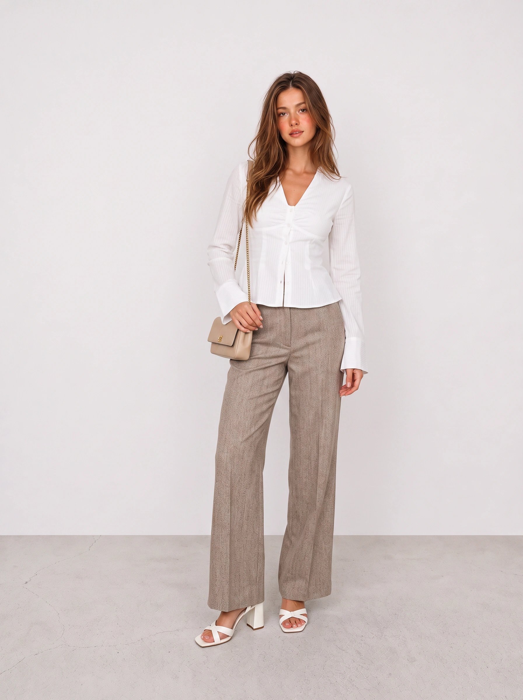White Blouse and Taupe Pinstripe Trousers Office Outfit