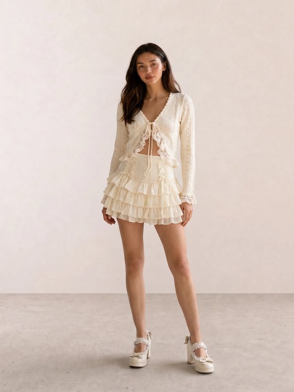 Ivory Lace Ruffle Tie-Front Co-Ord