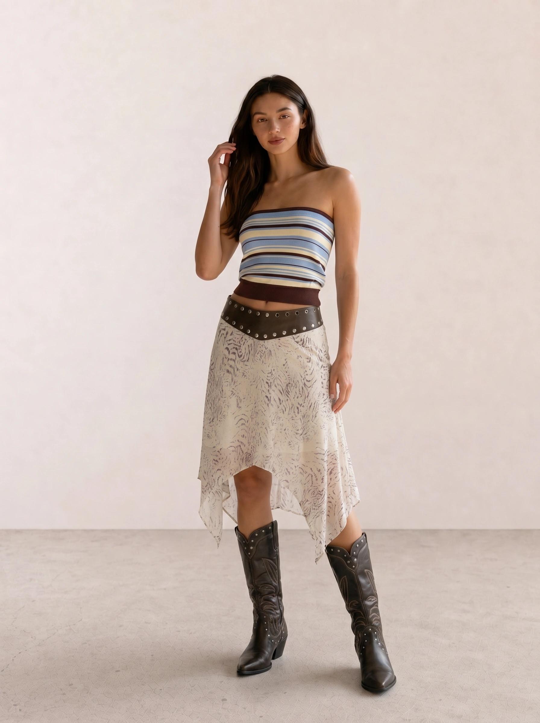 Striped Tube Top & Asymmetric Skirt with Western Boots