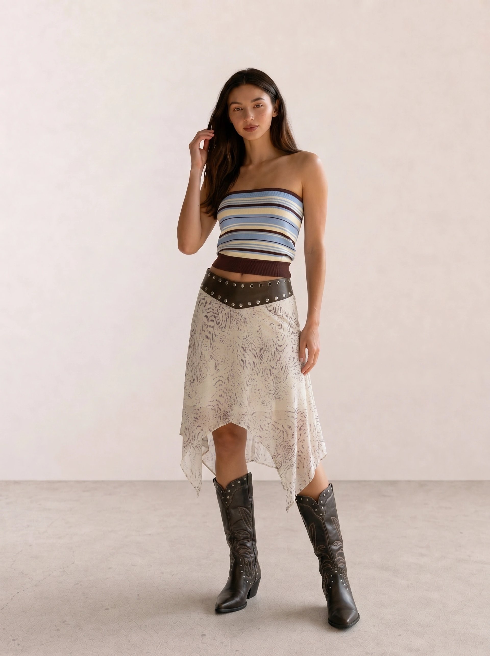 Striped Tube Top & Asymmetric Skirt with Western Boots