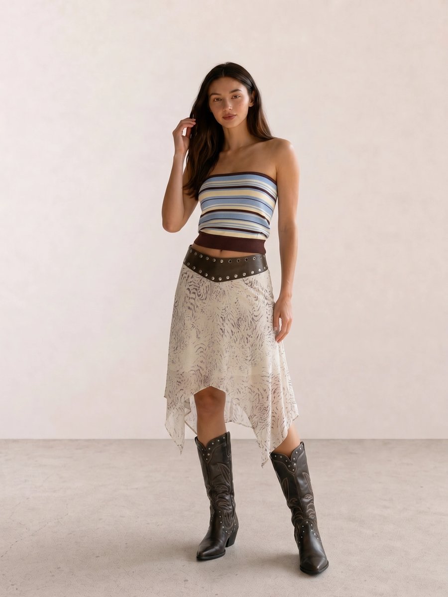 Autumn western outfit with a striped tube top, asymmetric printed skirt, and black western boots