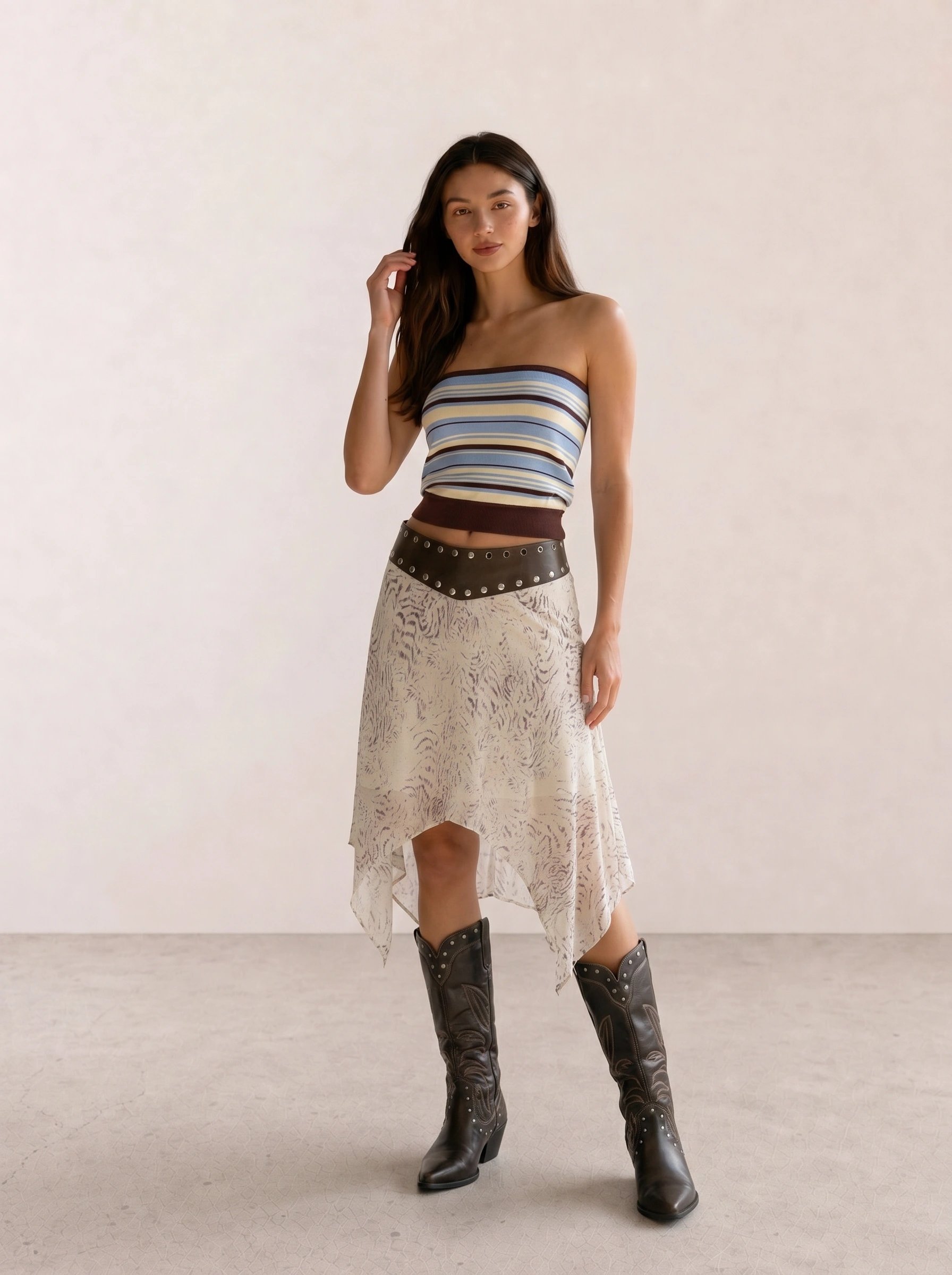 Striped Tube Top & Asymmetric Skirt with Western Boots