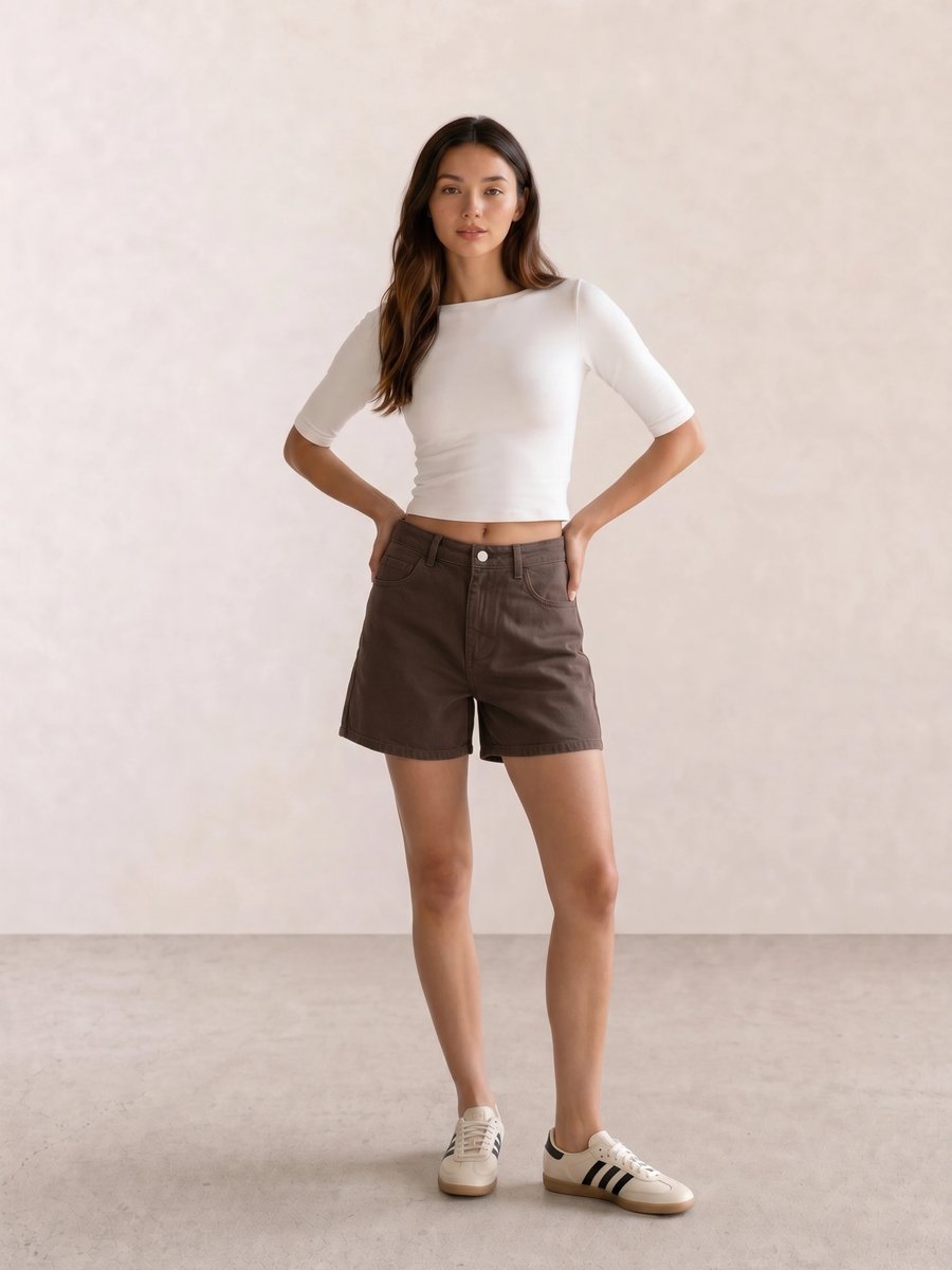 Basic casual outfit with a white crop top, brown denim shorts, and cream Adidas sneakers