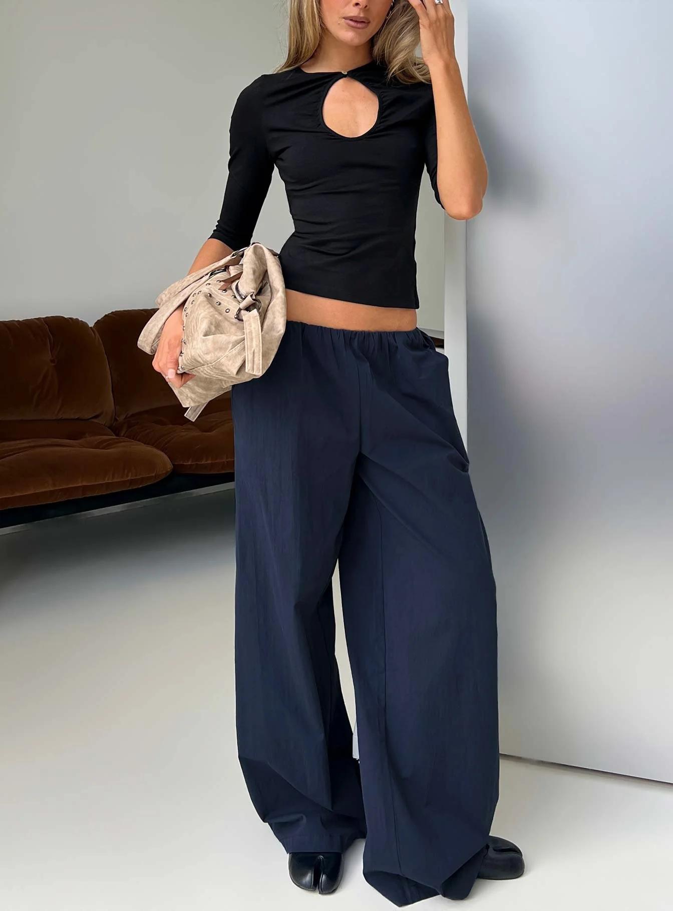Navy Wide-Leg Travel Pants
