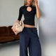 Navy Wide-Leg Travel Pants