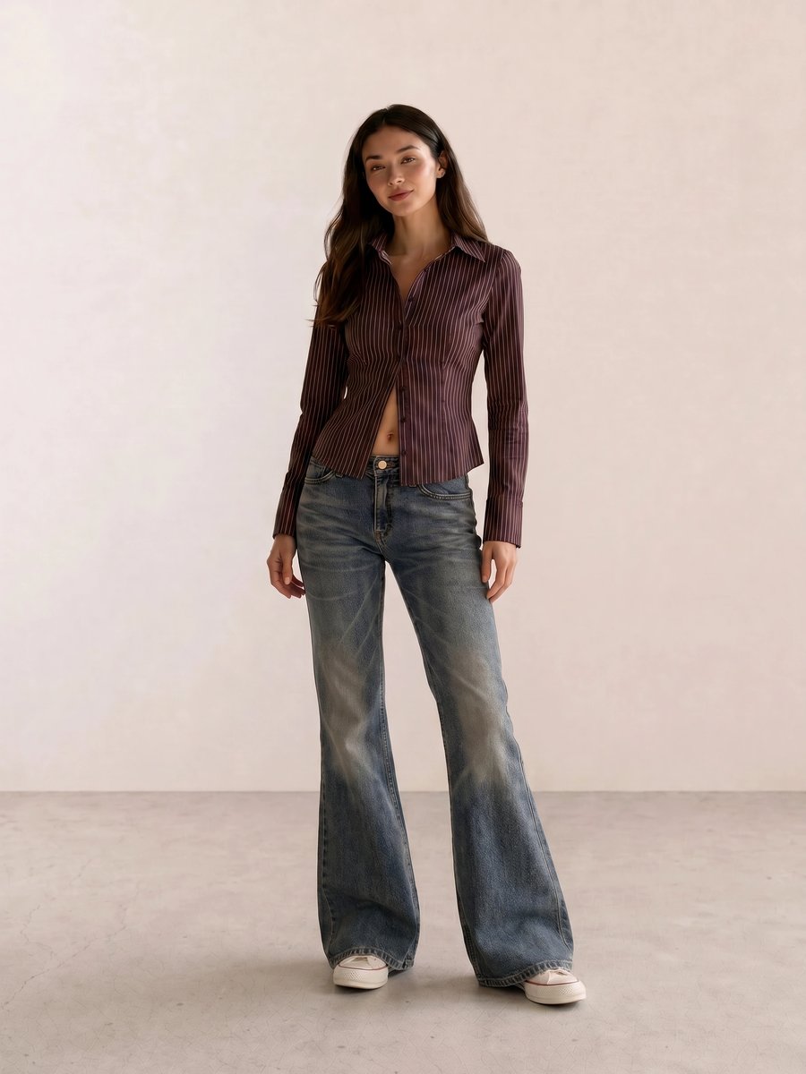 Retro vintage outfit with burgundy pinstripe shirt, distressed flare jeans, and cream Converse
