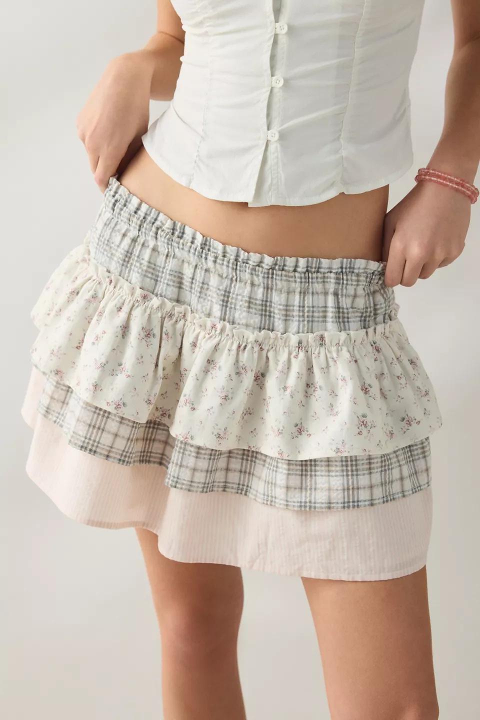 Ivory Patchwork Tiered Ruffle Skirt
