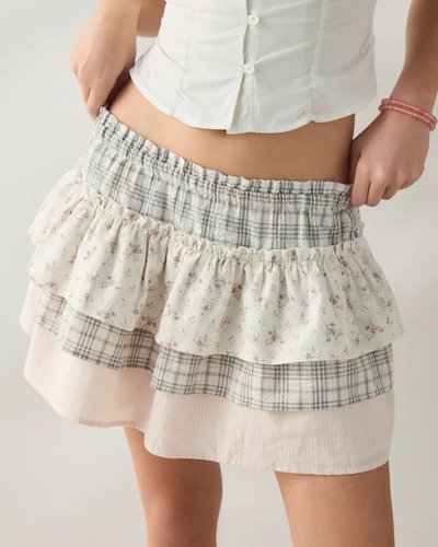Ivory Patchwork Tiered Ruffle Skirt