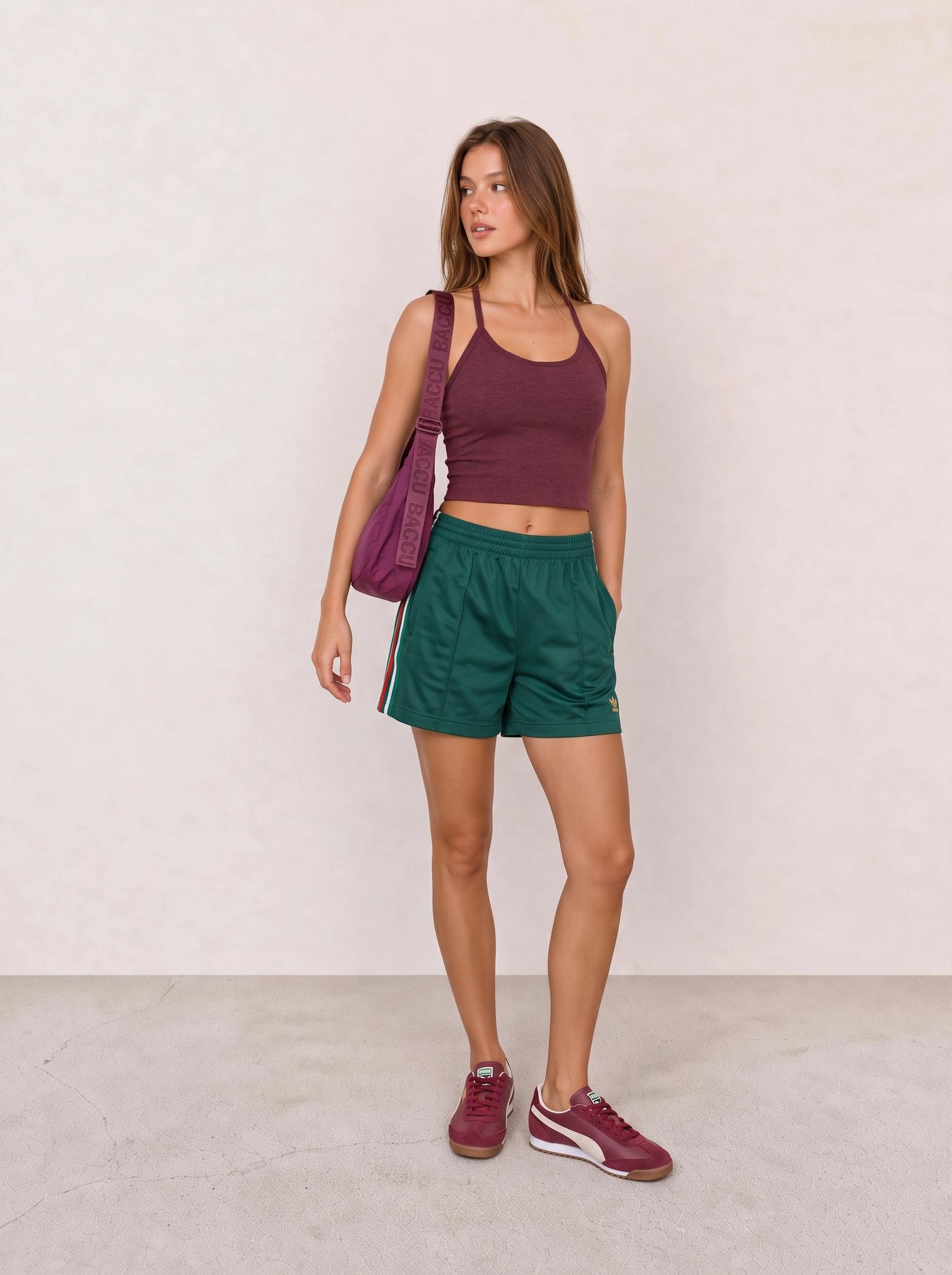 Burgundy Crop Tank and Green Running Shorts Outfit