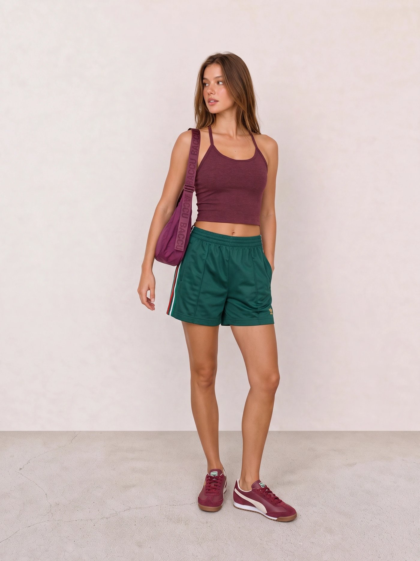 Burgundy Crop Tank and Green Running Shorts Outfit