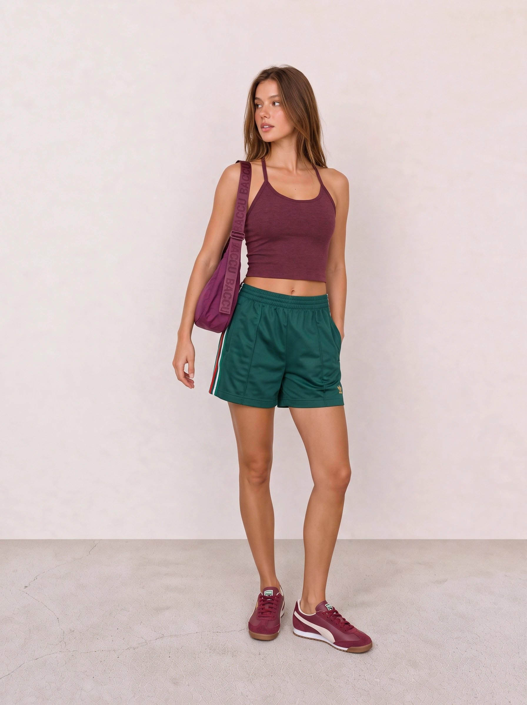 Burgundy Crop Tank and Green Running Shorts Outfit