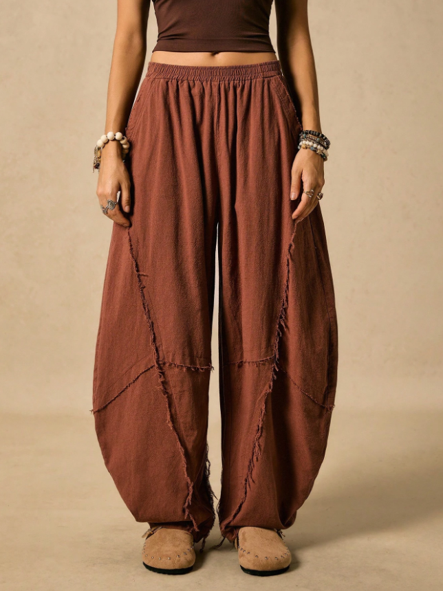 Brown Raw-Seam Balloon Pants