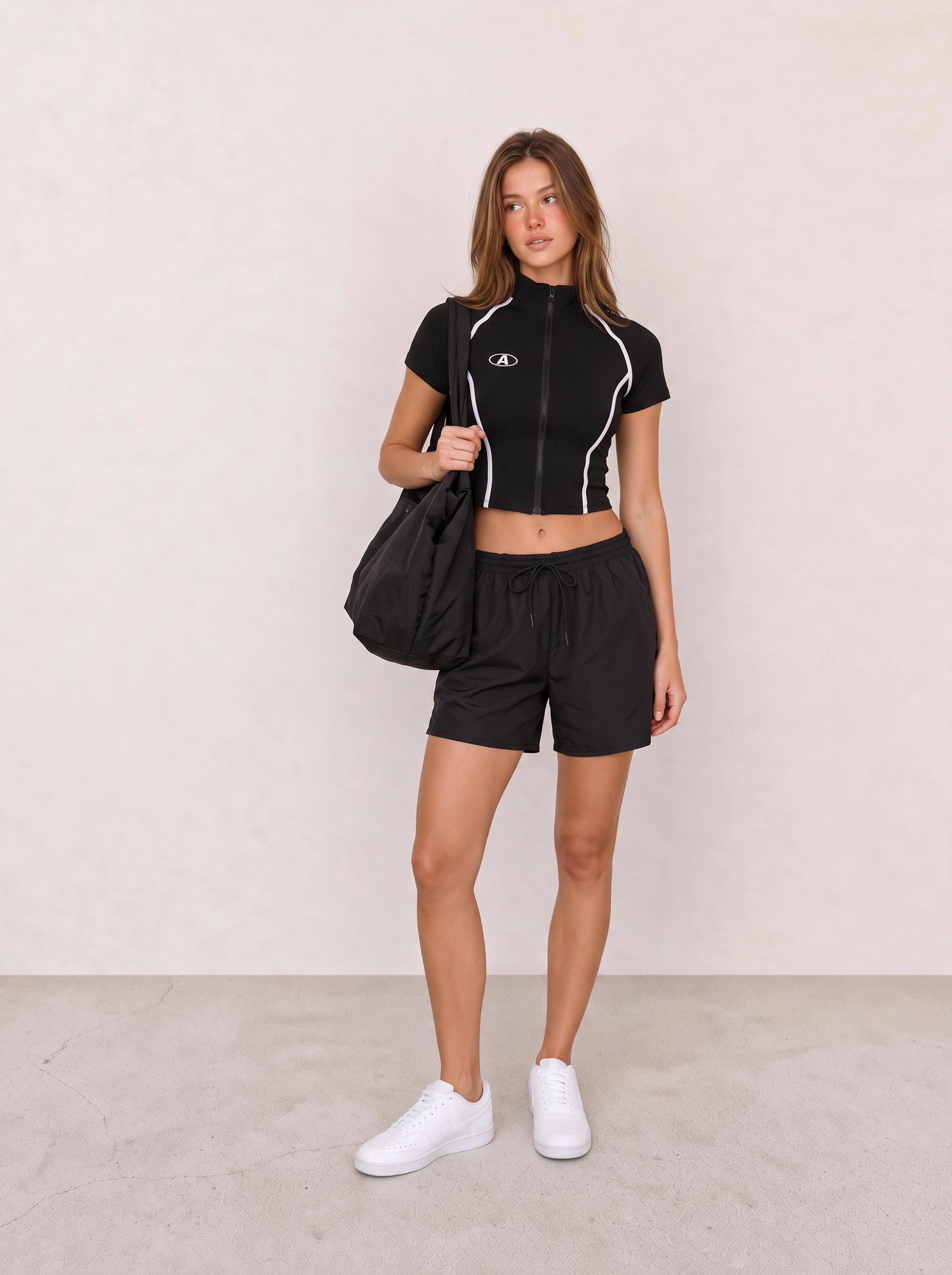 Black Zip Top and Running Shorts Activewear Outfit