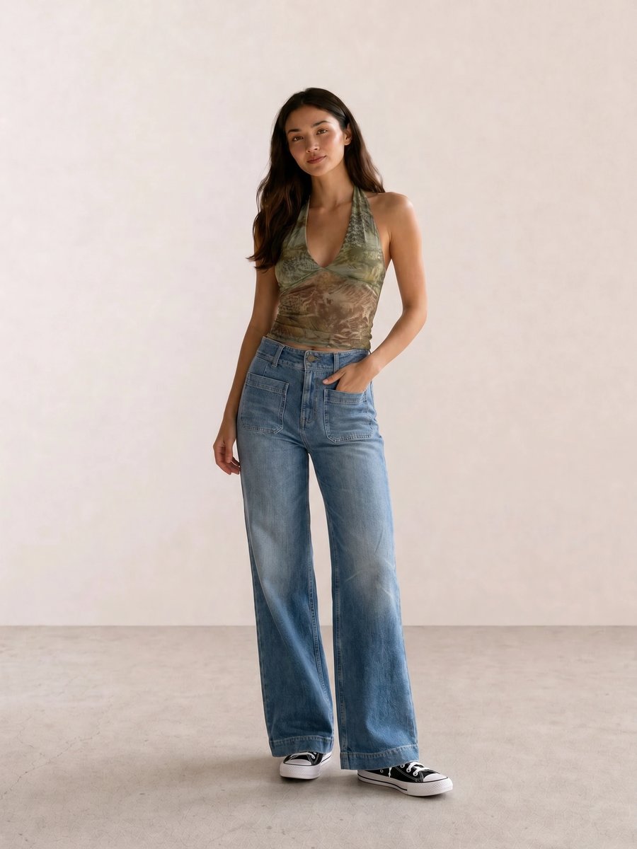 Retro vintage outfit with olive marble mesh halter top, wide-leg utility jeans, and black Converse