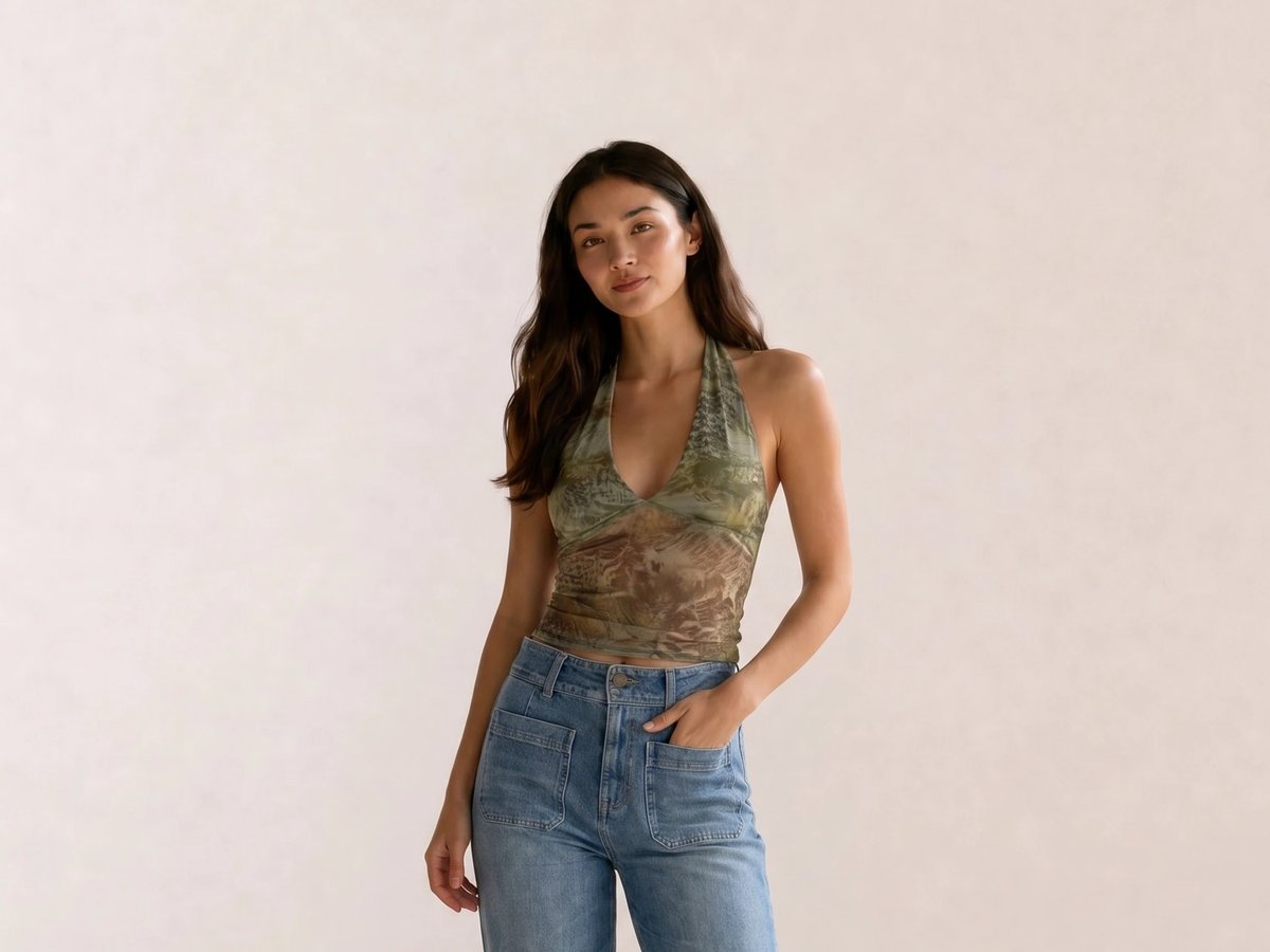 Olive Mesh Halter & Wide-Leg Utility Jeans