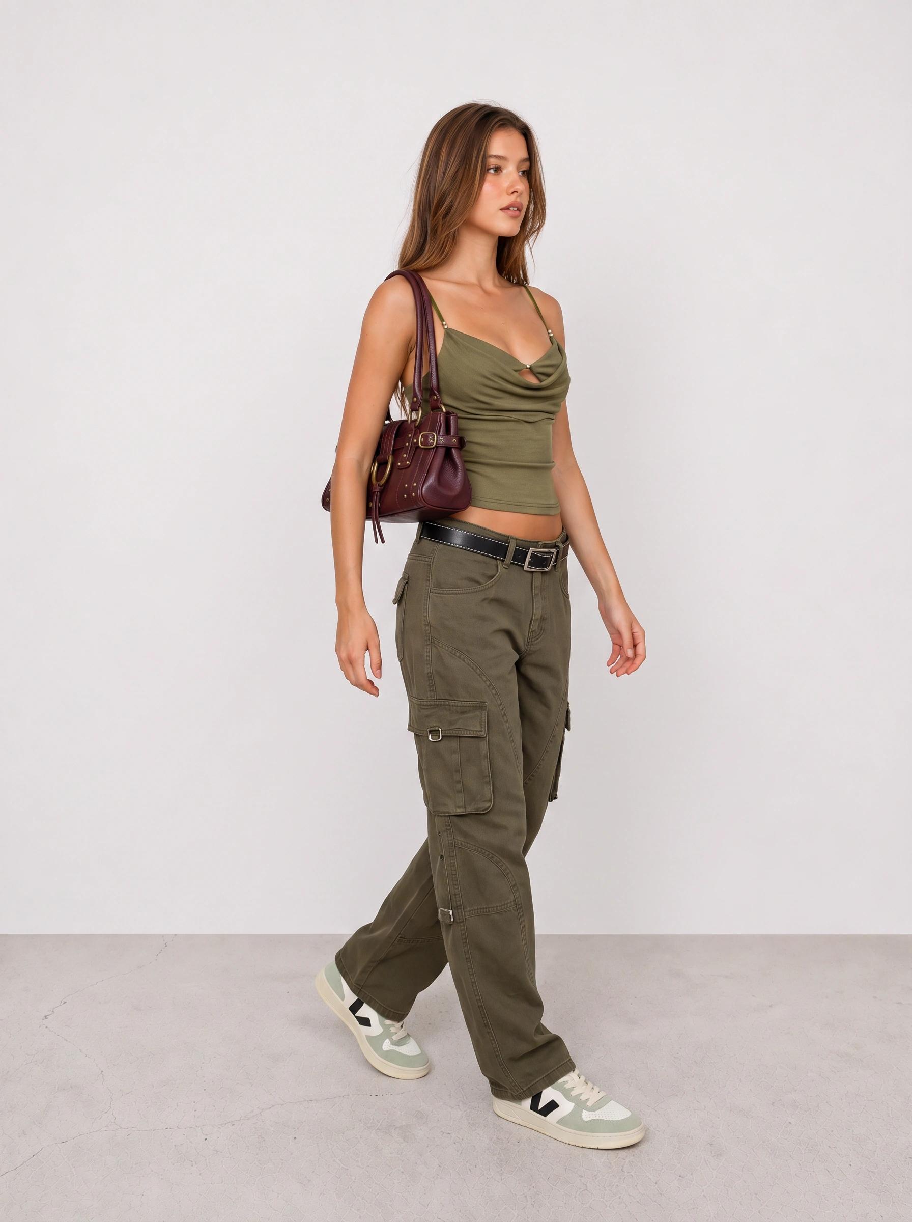Olive Cowl Top and Cargo Pants Outfit