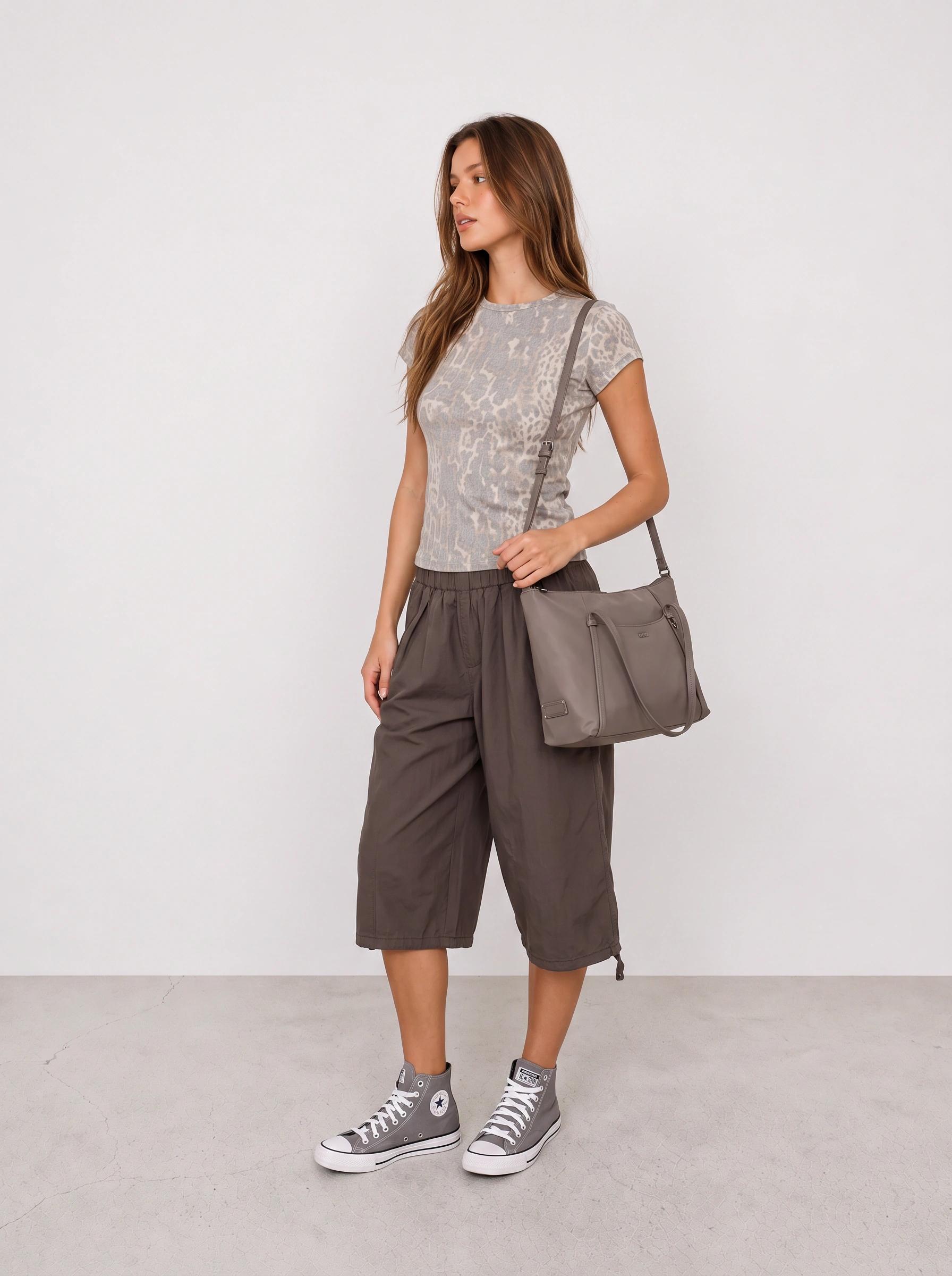Animal Print Tee and Charcoal Bermuda Shorts Outfit