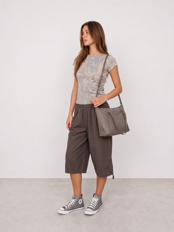 Animal Print Tee and Charcoal Bermuda Shorts Outfit