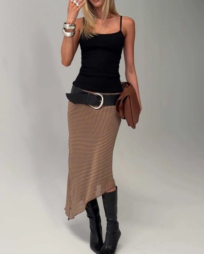 Brown Asymmetric Knit Midi Skirt
