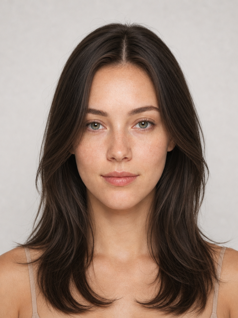 Woman with sleek center-part long hairstyle, front view, flattering an oval face shape