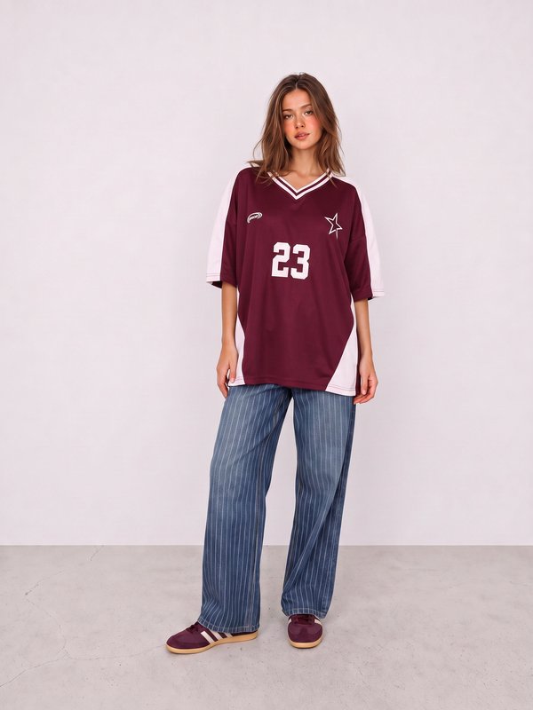 Burgundy Jersey and Pinstripe Pants Outfit