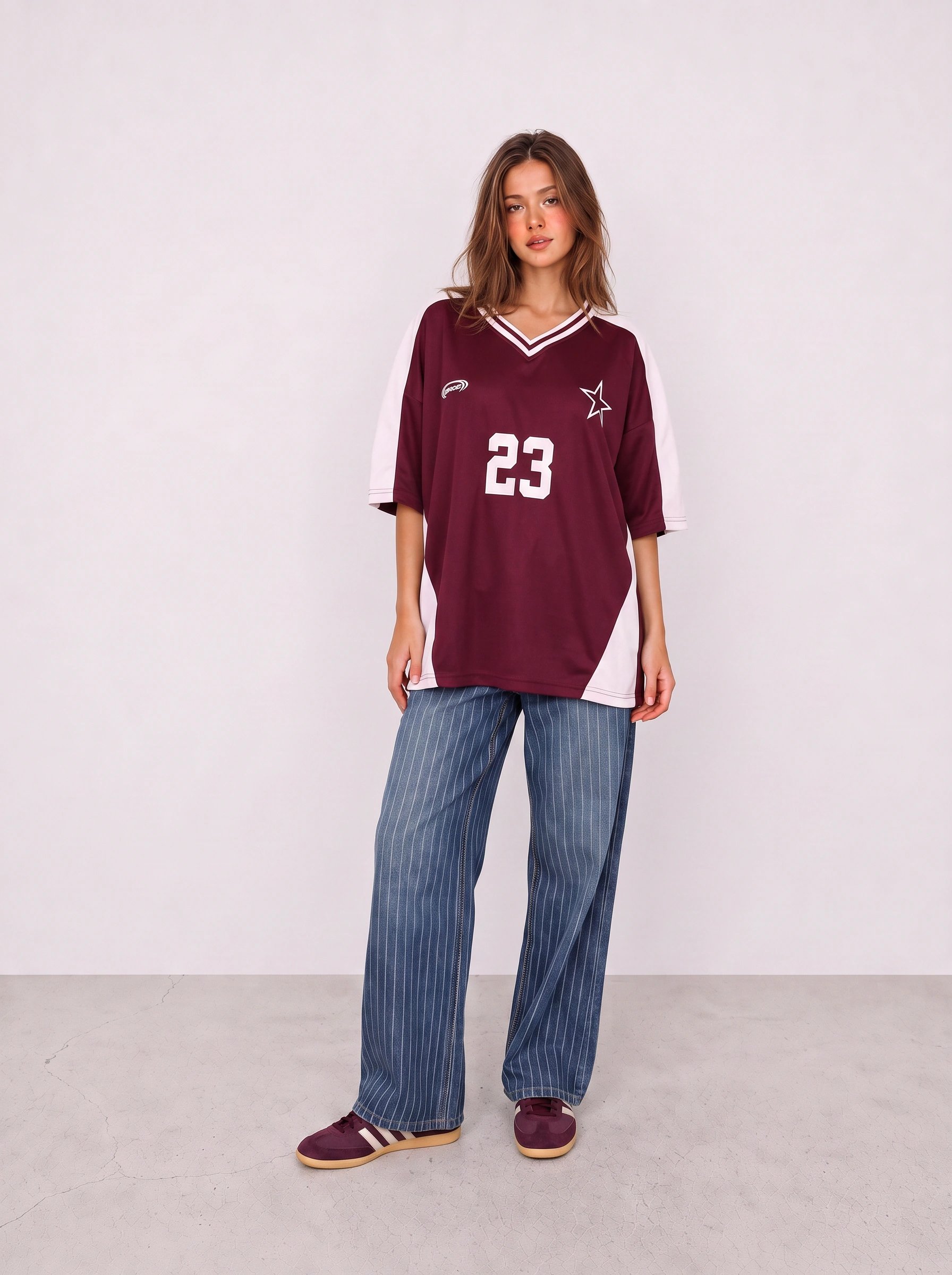 Burgundy Jersey and Pinstripe Pants Outfit