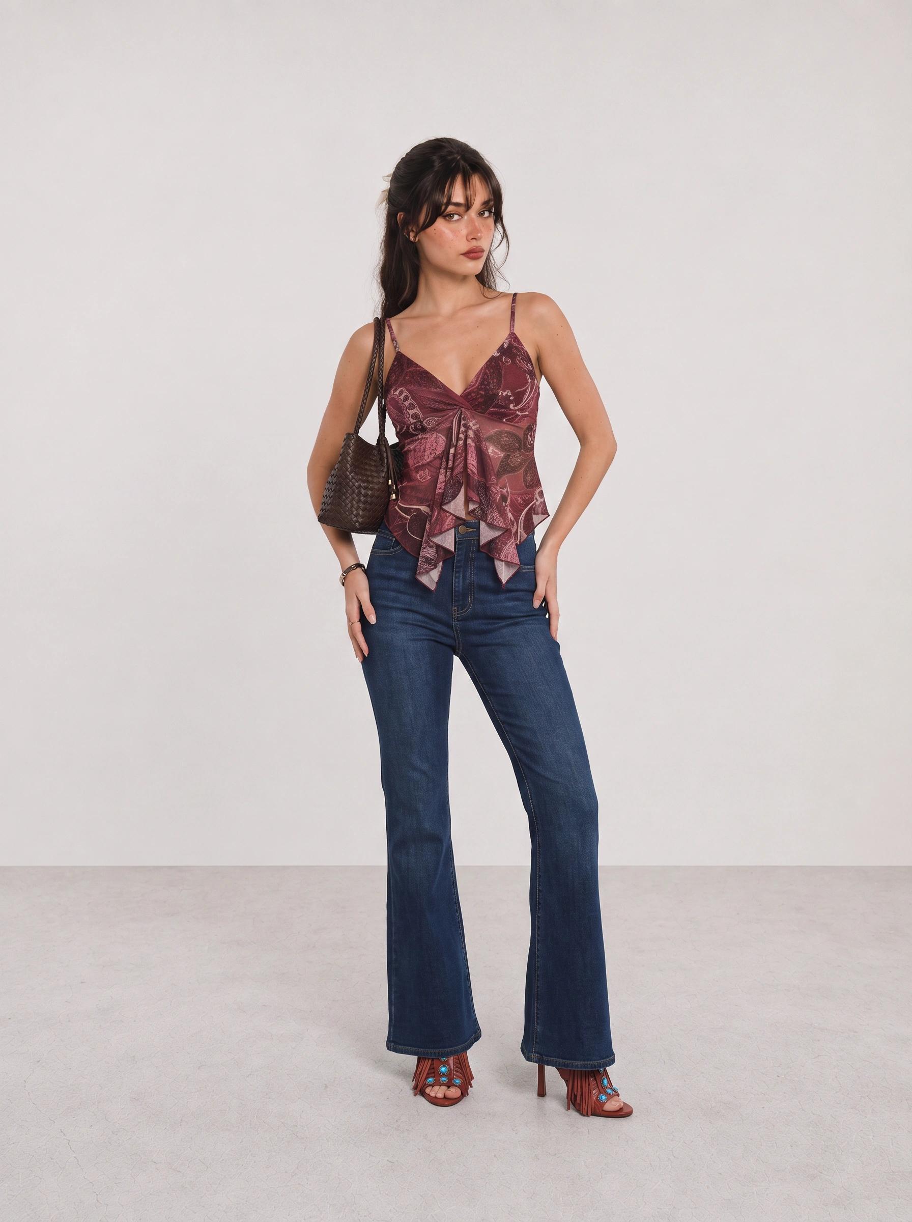 Burgundy Tie-Front Top and Blue Flared Jeans Y2K Outfit
