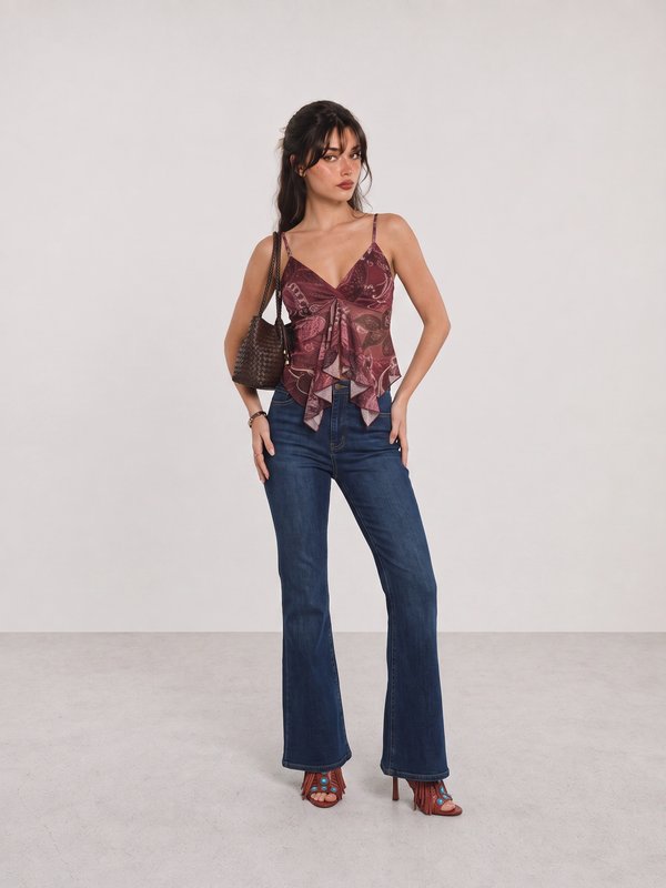 Burgundy Tie-Front Top and Blue Flared Jeans Y2K Outfit