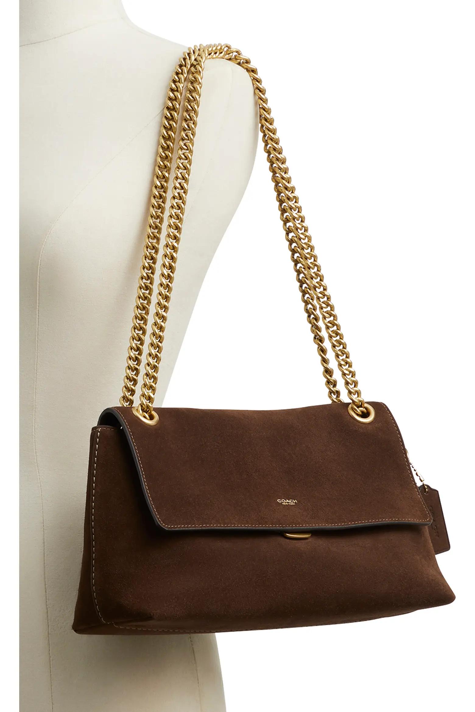 Brown Suede Chain-Strap Shoulder Bag