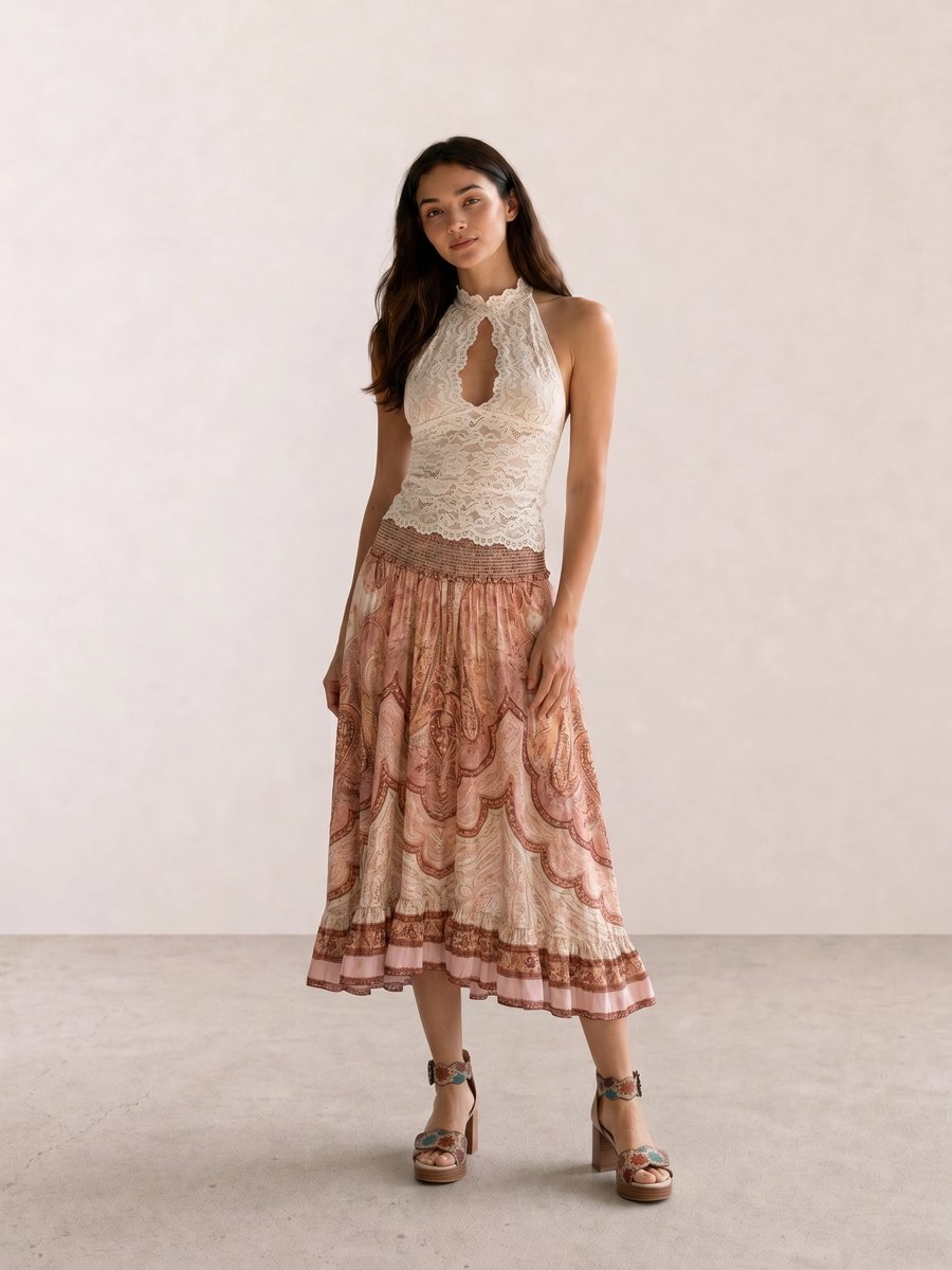 Boho outfit with a cream lace halter top, pink paisley midi skirt, and floral platform sandals