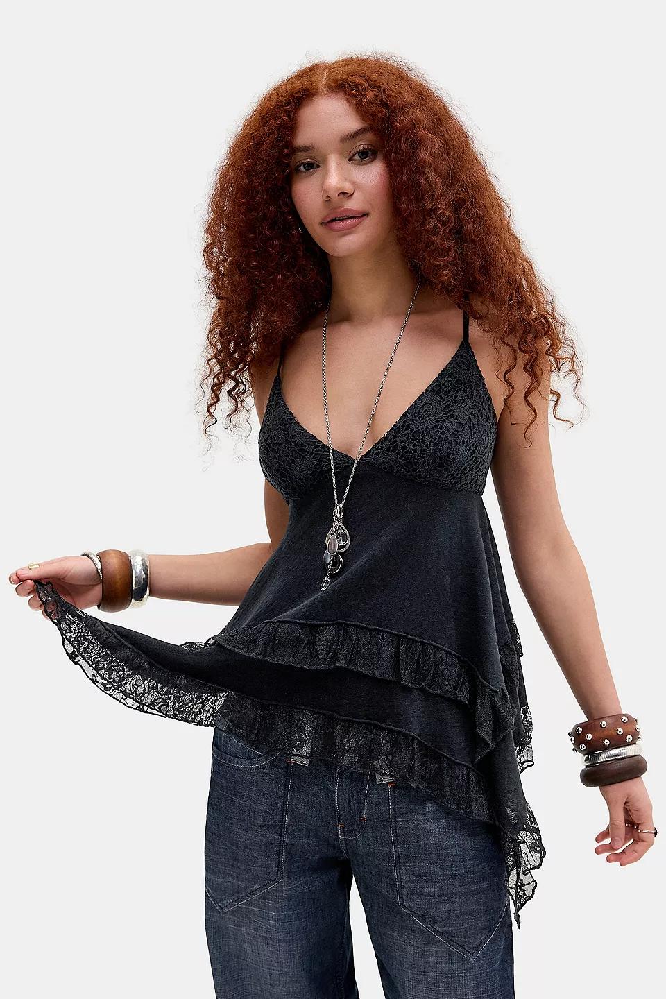 Washed Black Lace Trim Cami