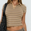 Beige Striped Polo Crop Top