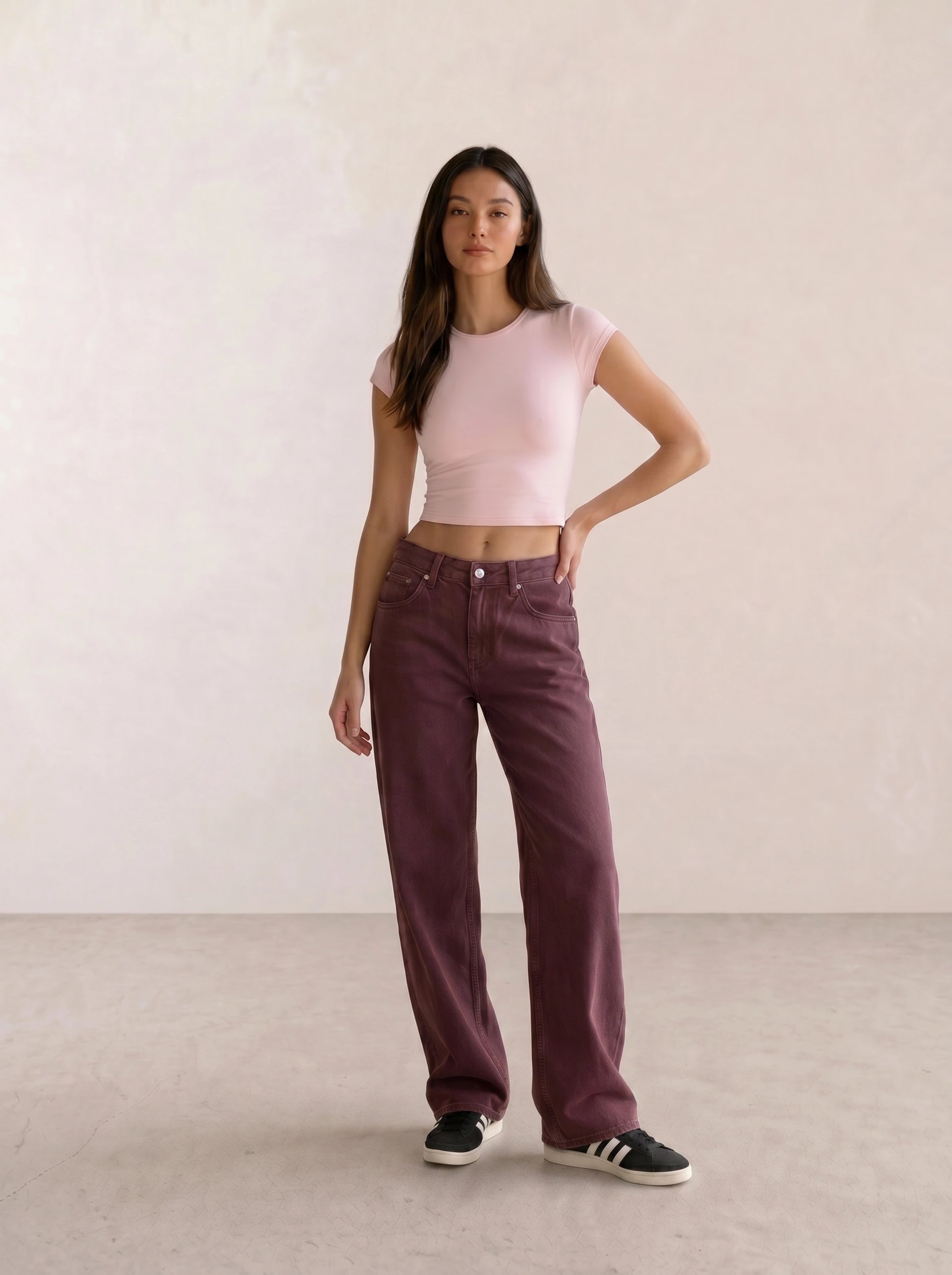 Pink Crop Tee & Burgundy Wide-Leg Jeans
