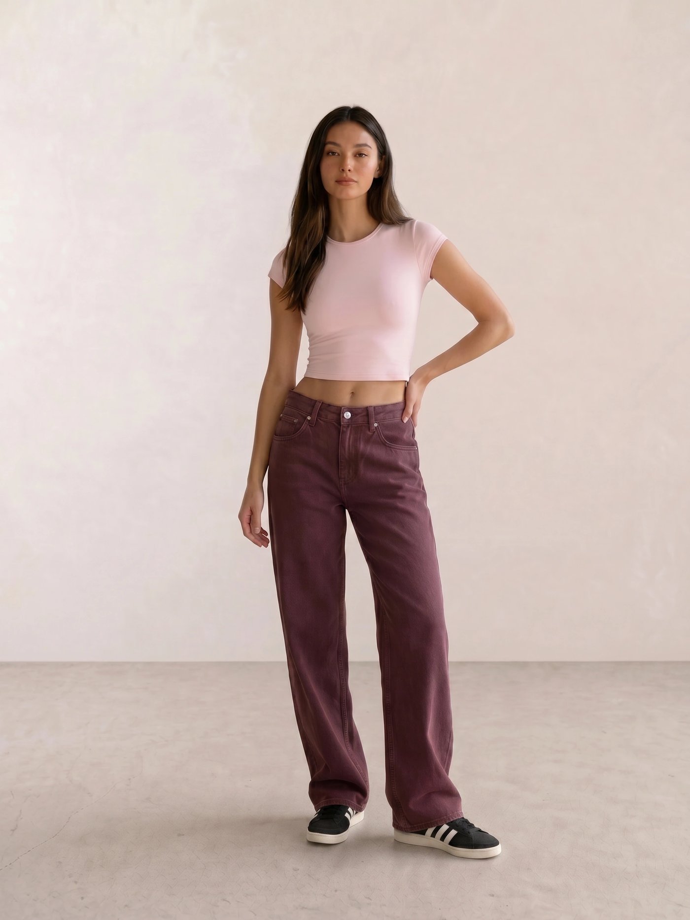 Pink Crop Tee & Burgundy Wide-Leg Jeans