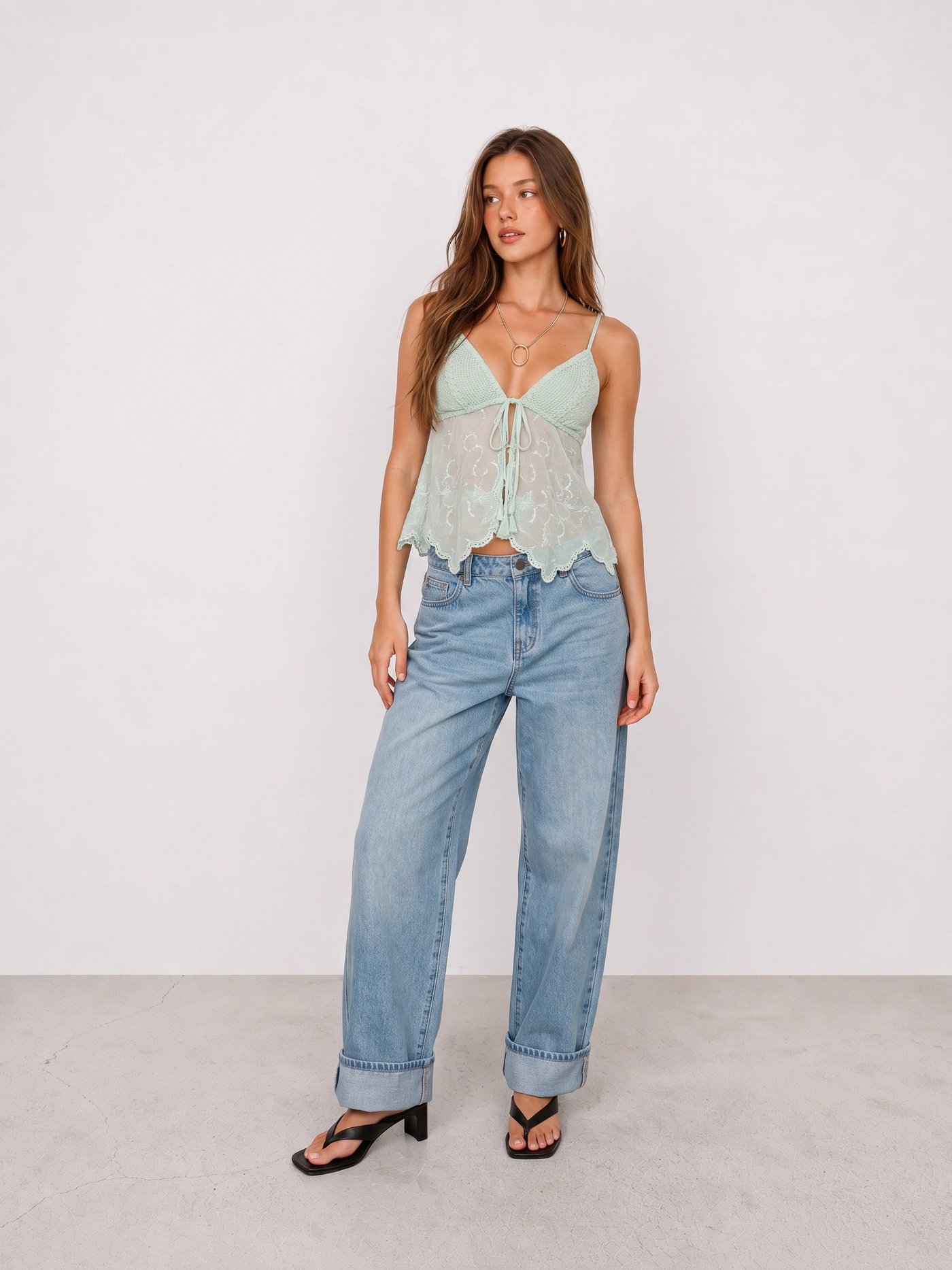 Mint Sheer Babydoll Top and Light-Wash Jeans Outfit