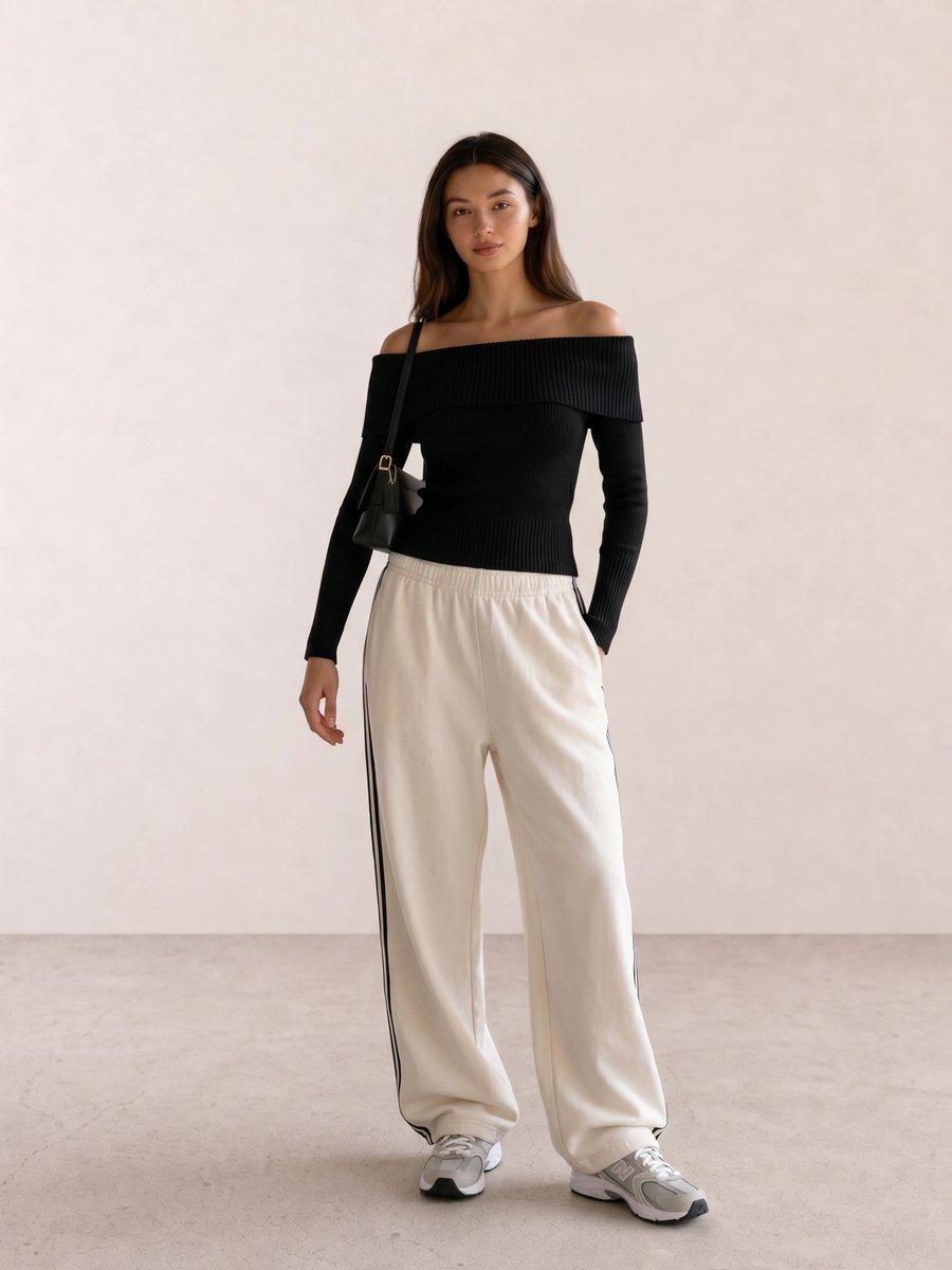 Korean fashion outfit with a black off-shoulder top, cream striped jogger pants, and grey sneakers
