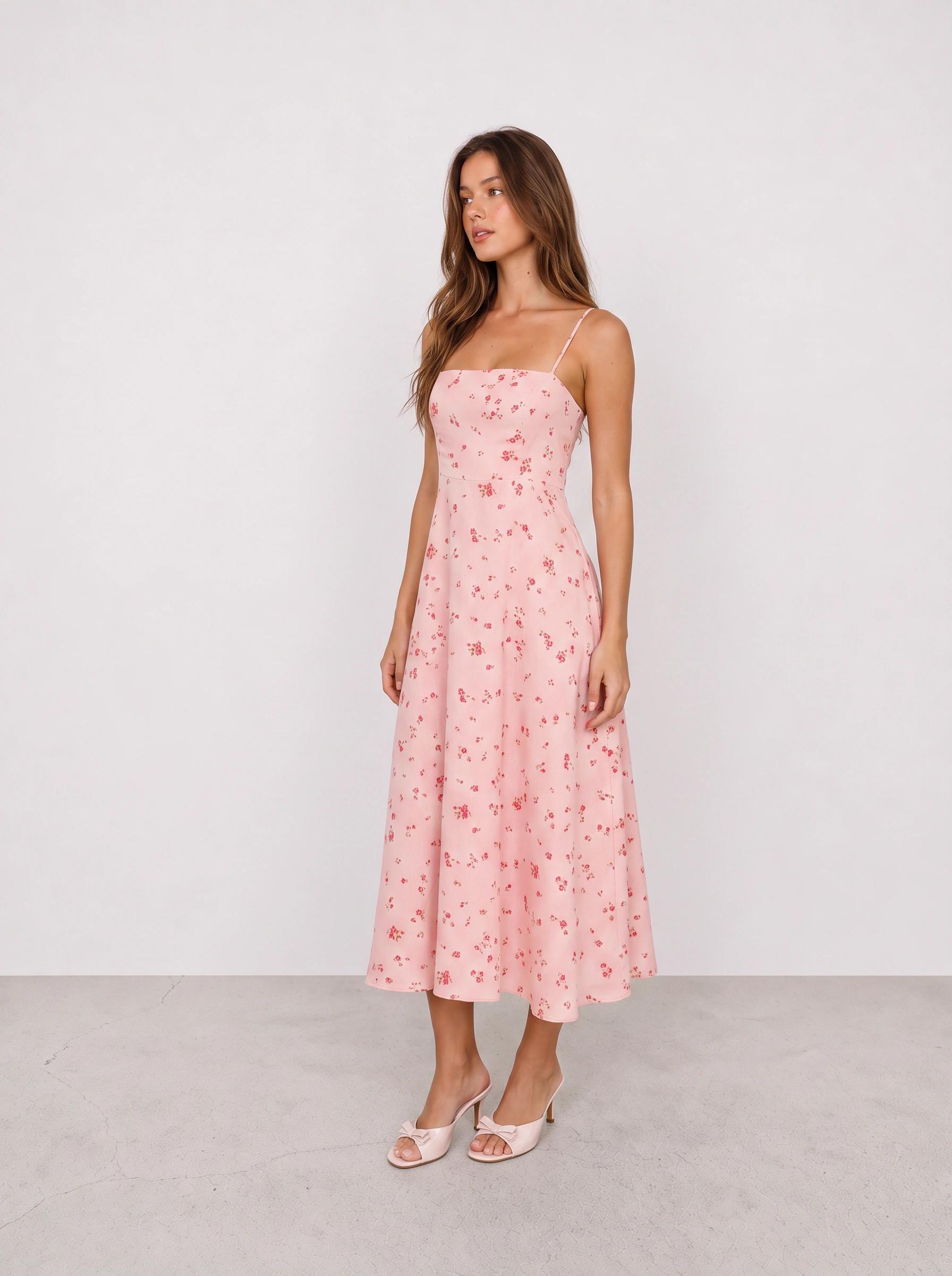 Pink Floral Midi Dress and Pink Mules Outfit