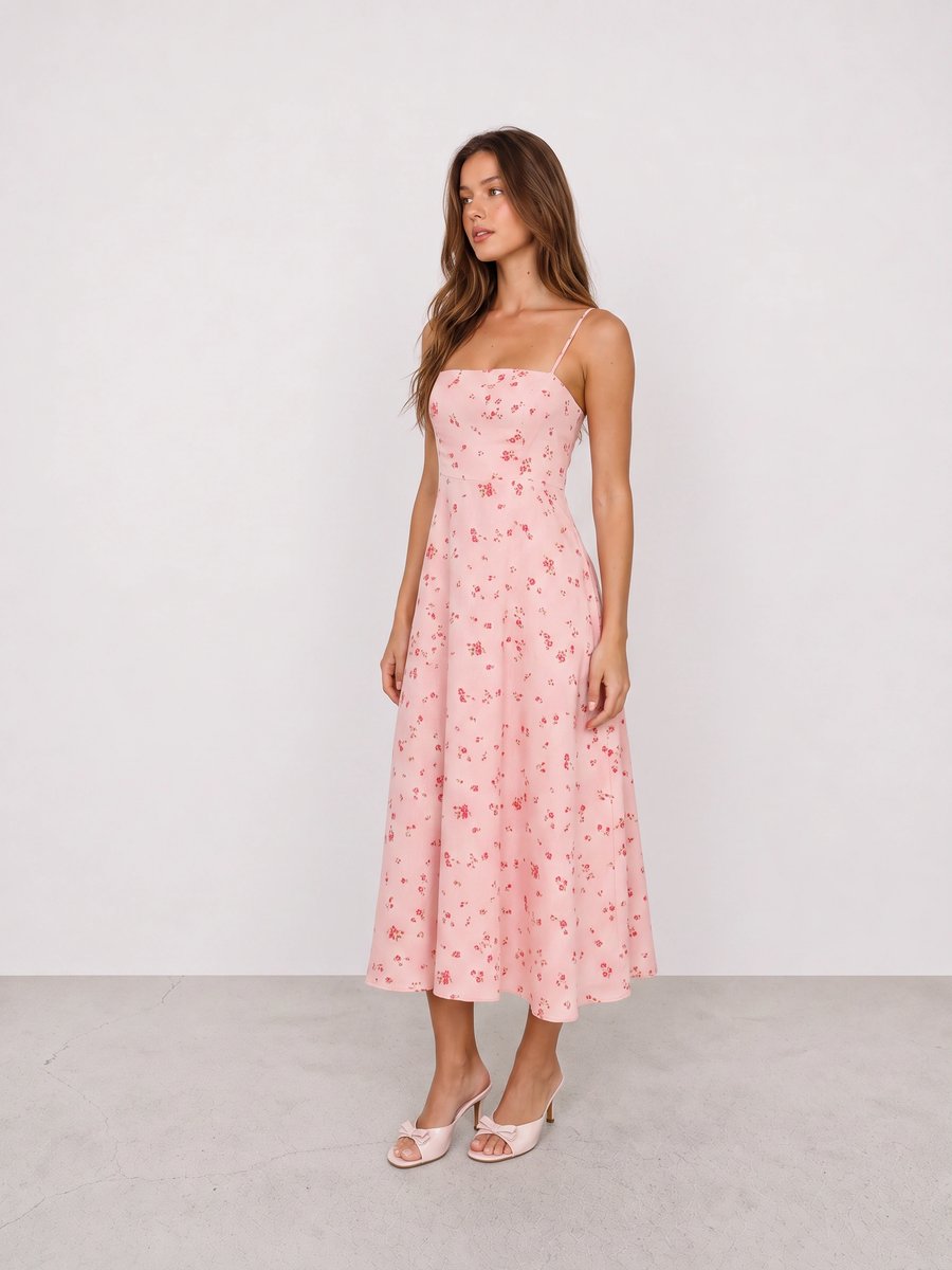Woman wearing a pink floral midi dress and pink bow mules