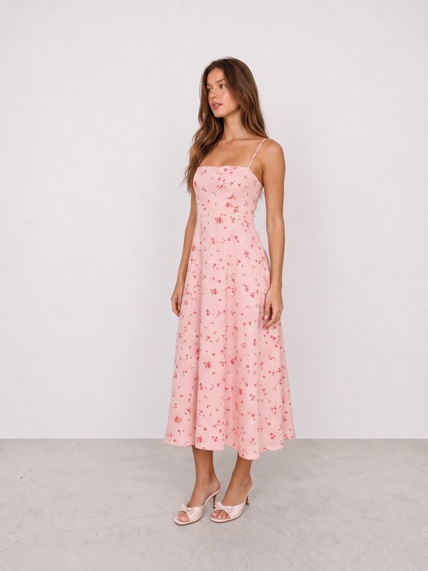 Pink Floral Midi Dress and Pink Mules Outfit
