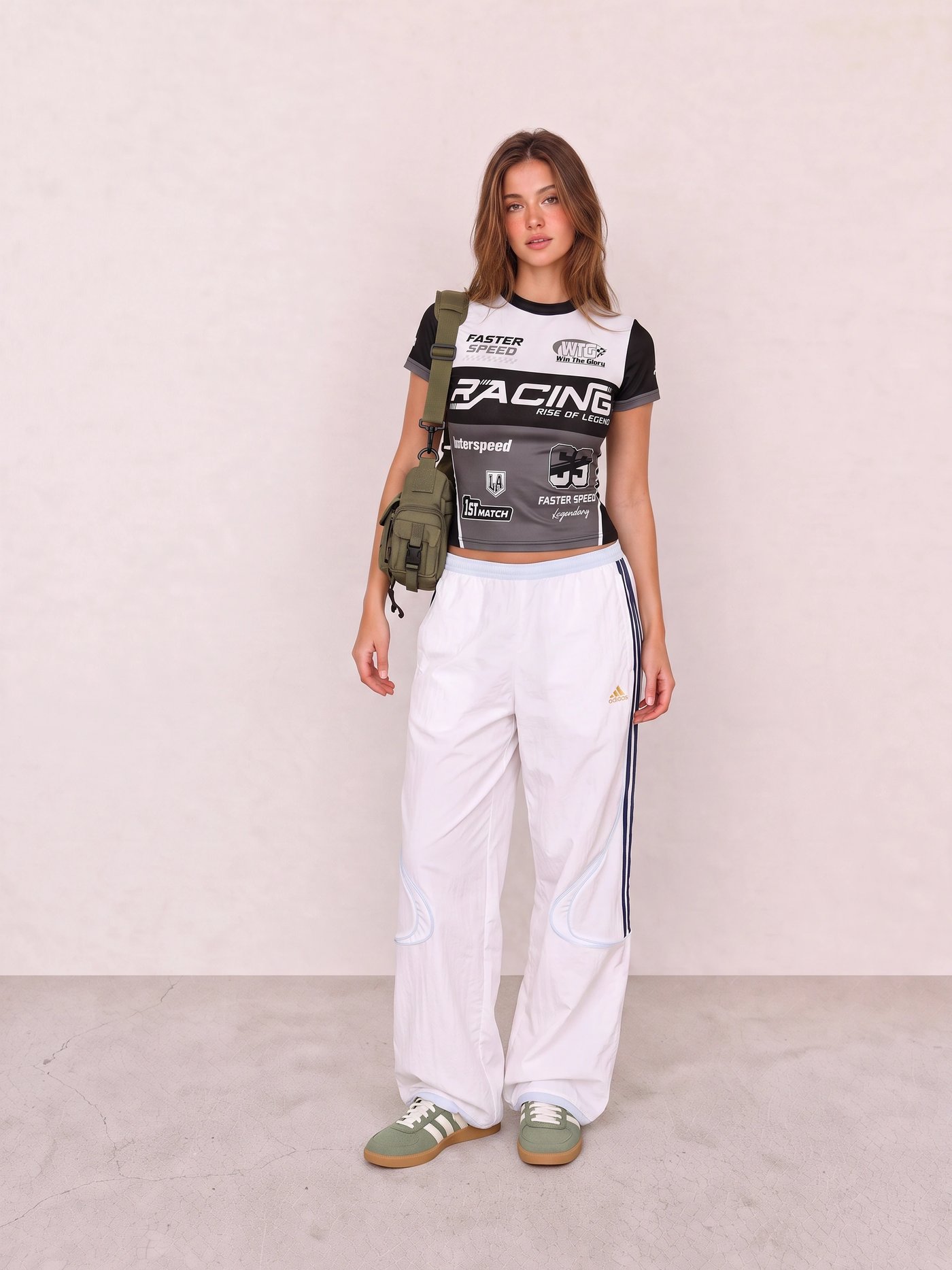 Racing Tee and White Track Pants Streetwear Outfit