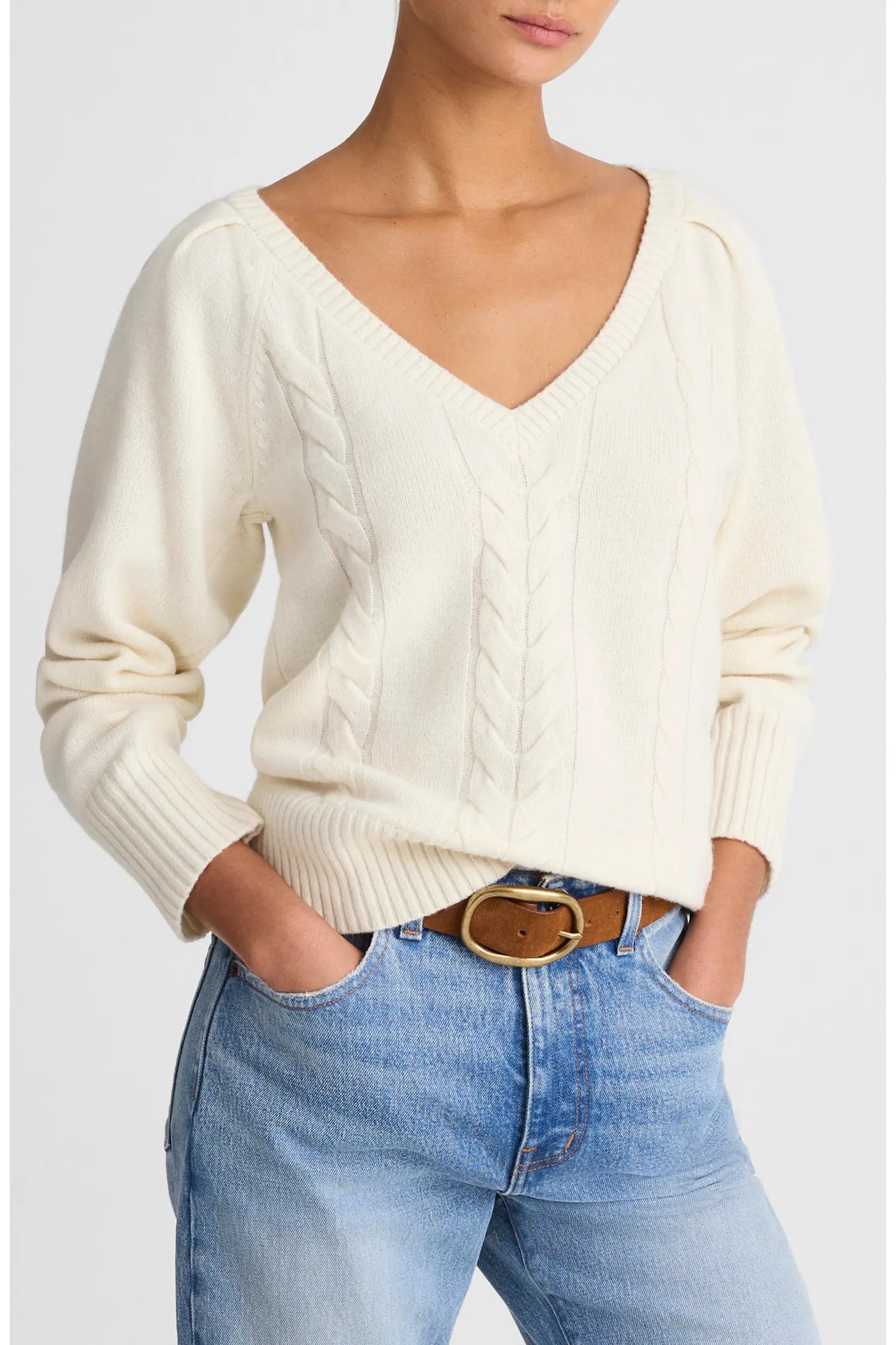 Cream Cable Knit V-Neck Sweater